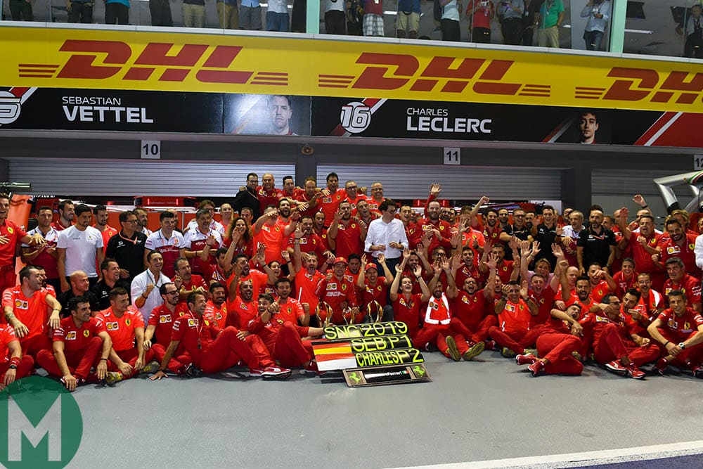 Ferrari's team group picture after winning the 2019 F1 Singapore Grand Prix