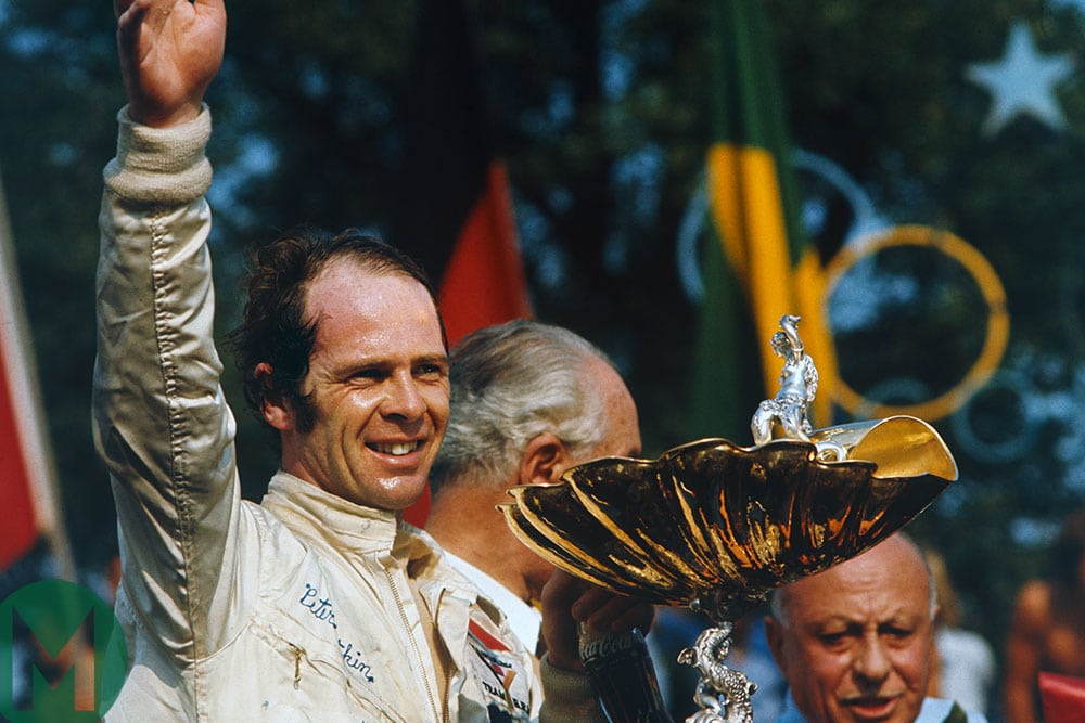 Peter Gethin with the winners' trophy at the 1971 Italian Grand Prix
