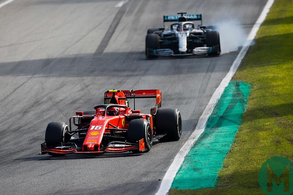 Lewis Hamilton locks up behind Charles Leclerc as his tyres wear thin
