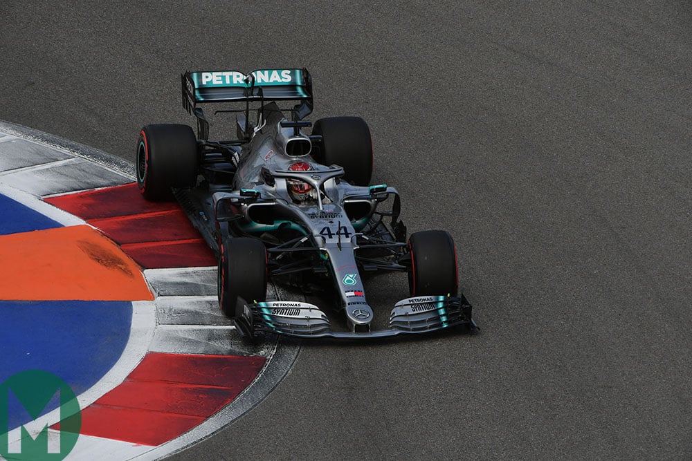 Lewis Hamilton in one of the final corners of the Sochi Autodrom during qualifying for the 2019 F1 Russian Grand Prix