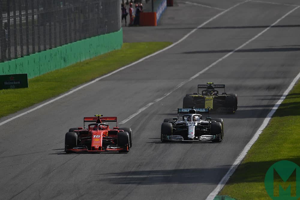 Hamilton not close enough to overtake Charles Leclerc at the end of the main Monza straight during the 2019 Italian Grand Prix