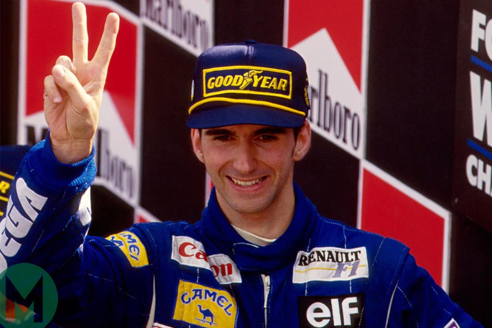 Damon Hill celebrates his second F1 win at the 1993 Belgian Grand Prix