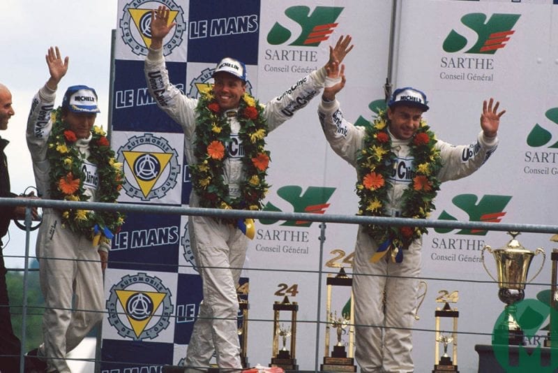 Yannick Dalmas, JJ Lehto and Masanori Sekiya on the podium after winning the 1994 Le Mans 24 Hours