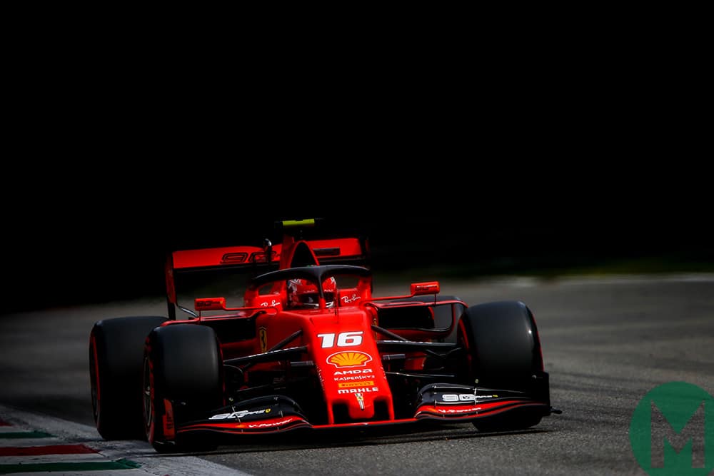 Charles Leclerc's Ferrari on track at Monza during qualifying for the 2019 Italian Grand Prix