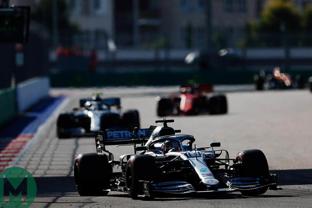 Lewis Hamilton leads Valtteri Bottas and Charles Leclerc at the 2019 F1 Russian Grand Prix