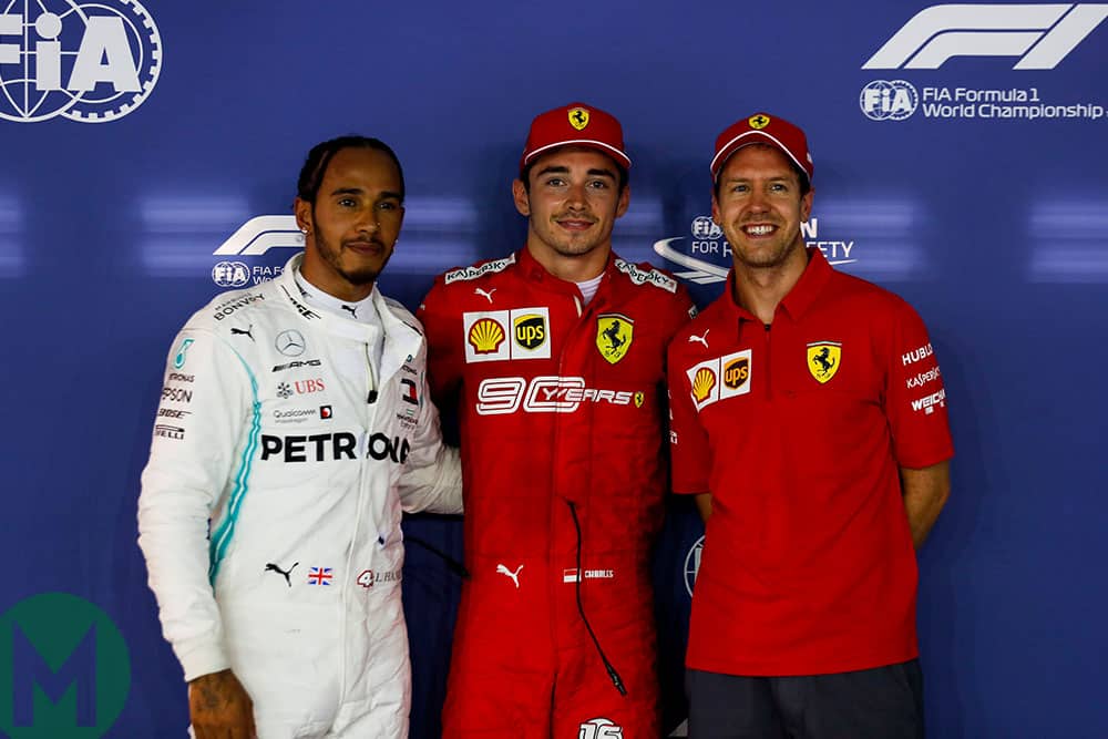 Charles Leclerc, Lewis Hamilton and Sebastian Vettel, the three top qualifiers for the 2019 Singapore Grand Prix