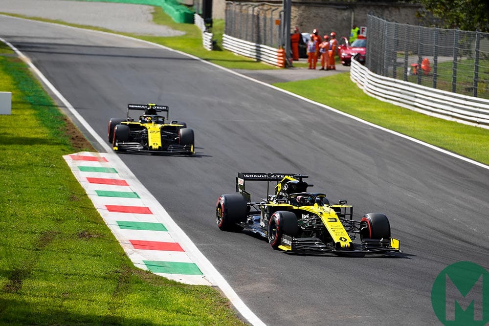 Both Renaults running close to each other during qualifying for the 2019 Italian Grand Prix