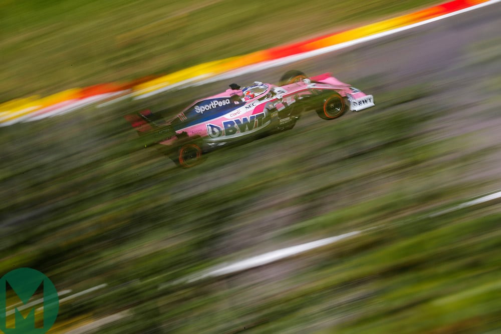 Sergio Perez racing down a straight at the 2019 Belgian Grand Prix