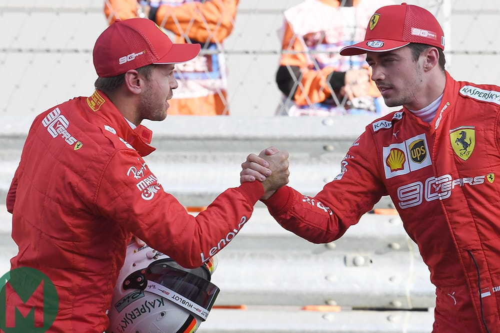Charles Leclerc shales hands with Sebastian Vettel after outqualifying him by 0.43sec at the 2019 Russian Grand Prix