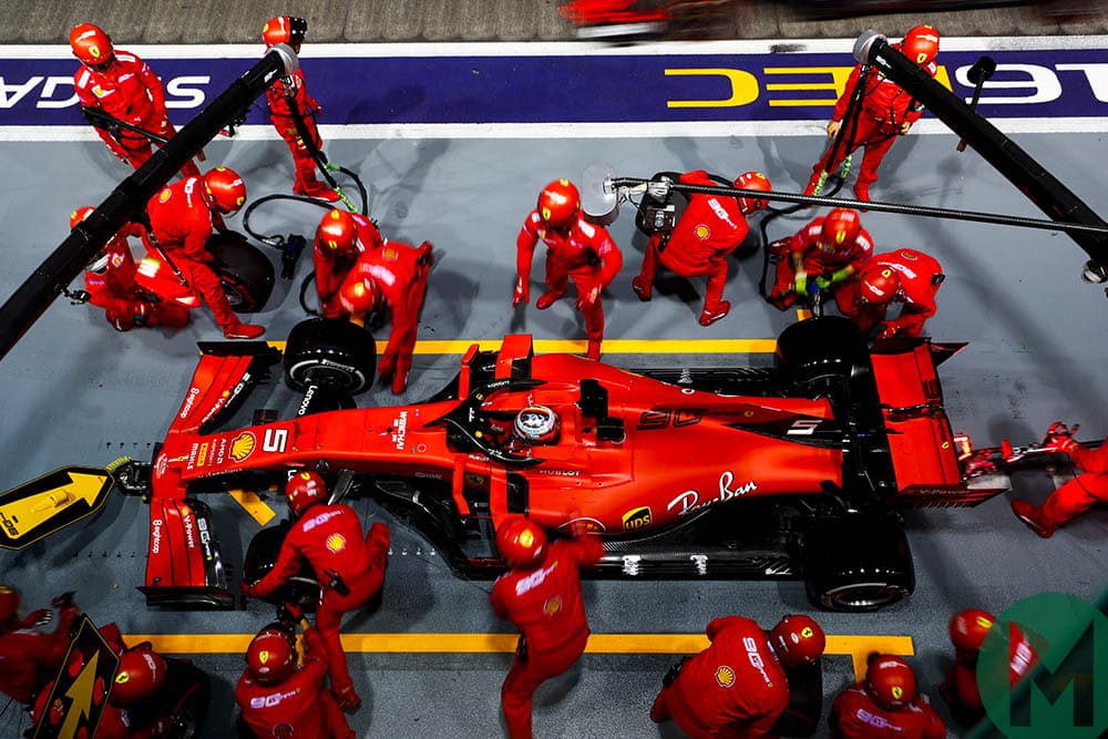 Sebastian Vettel makes his only pitstop at the 2019 F1 Singapore Grand Prix