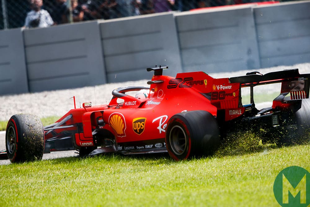Sebastian Vettel rejoins the track during the 2019 Italian Grand Prix