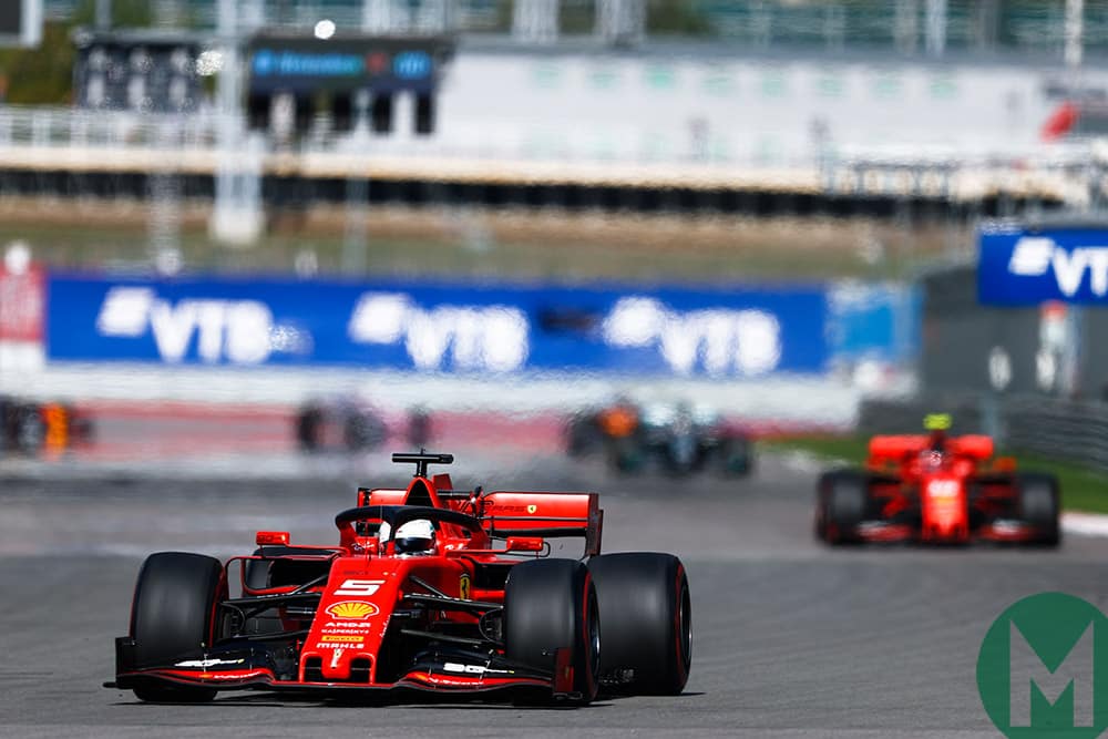 Sebastian Vettel leads Charles Leclerc by an obvious margin in the early laps of the 2019 F1 Russian Grand Prix