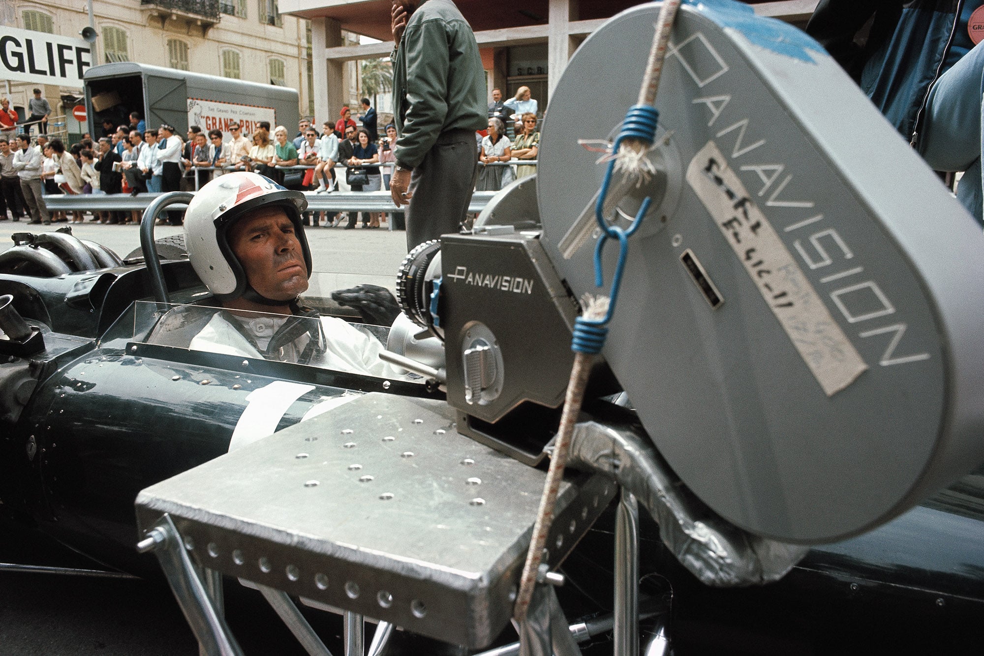 James Garner in an F1 car with a camera attached at the 1966 Monaco Grand Prix