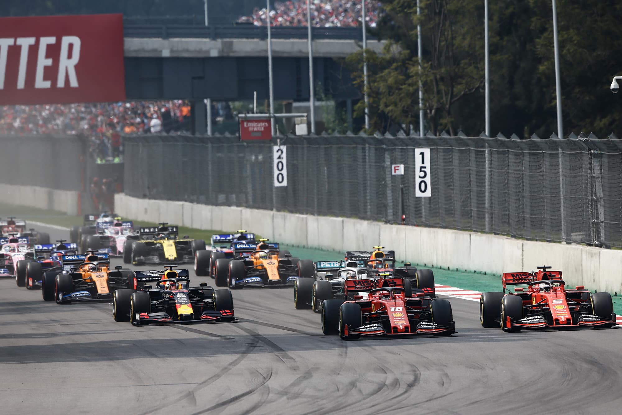 Two Ferraris at the front of the grid as the 2019 F1 Mexican Grand Prix starts