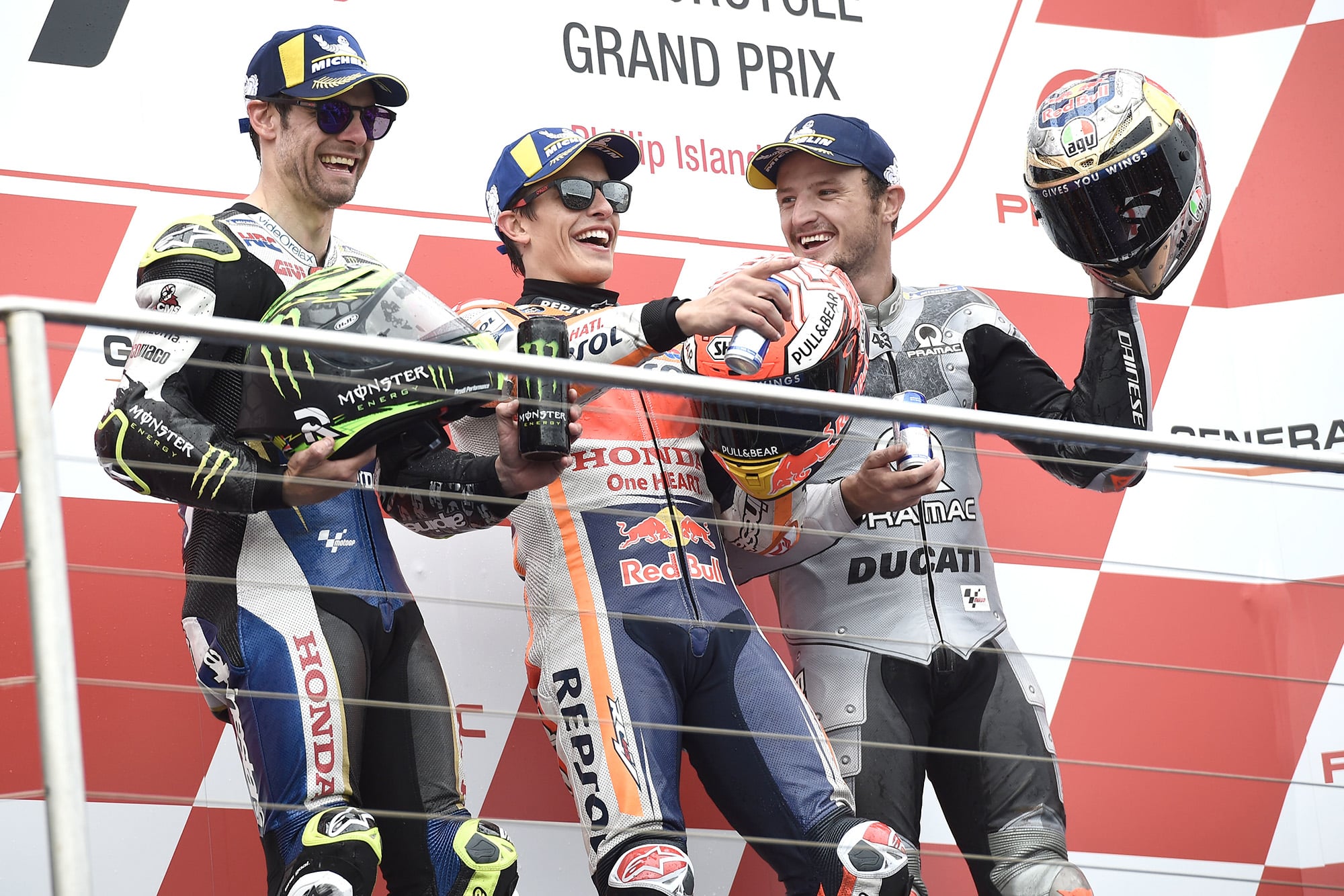 Marc Marquez, Cal Crutchlow and Jack Miller on the podium at Phillip Island