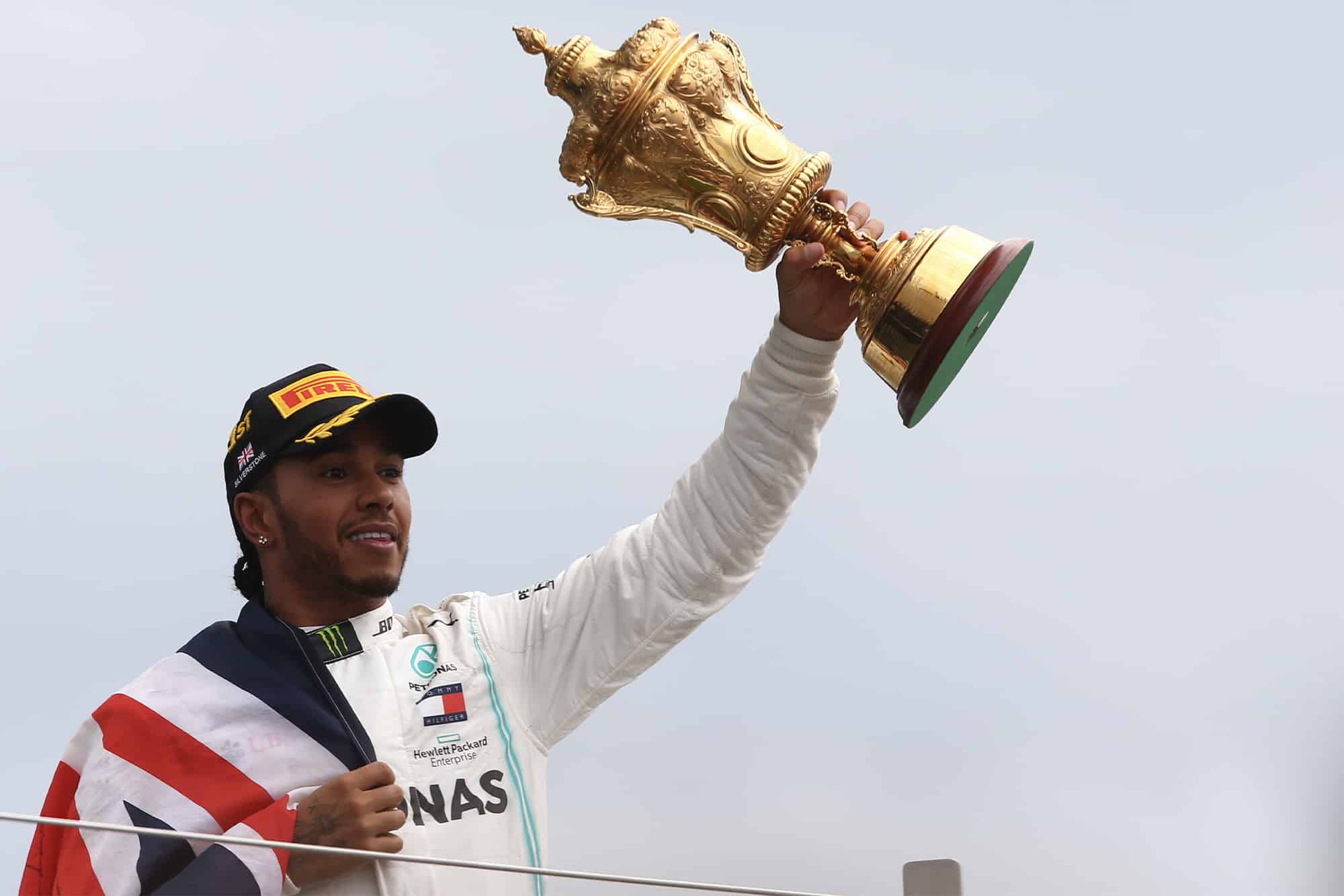 Lewis Hamilton holds the winning trophy at the 2019 British Grand Prix
