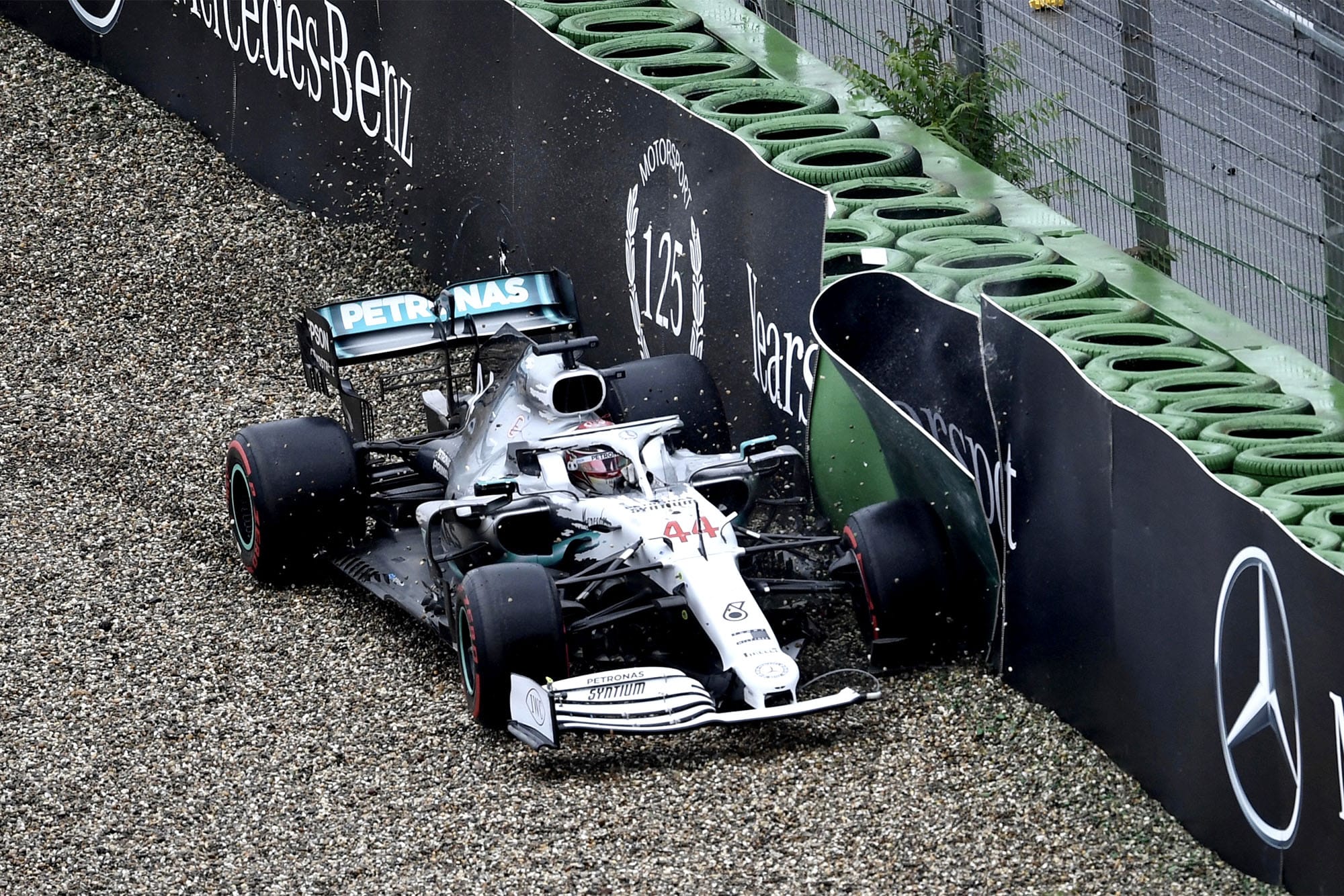 Lewis Hamilton hits the barriers during the 2019 German Grand Prix