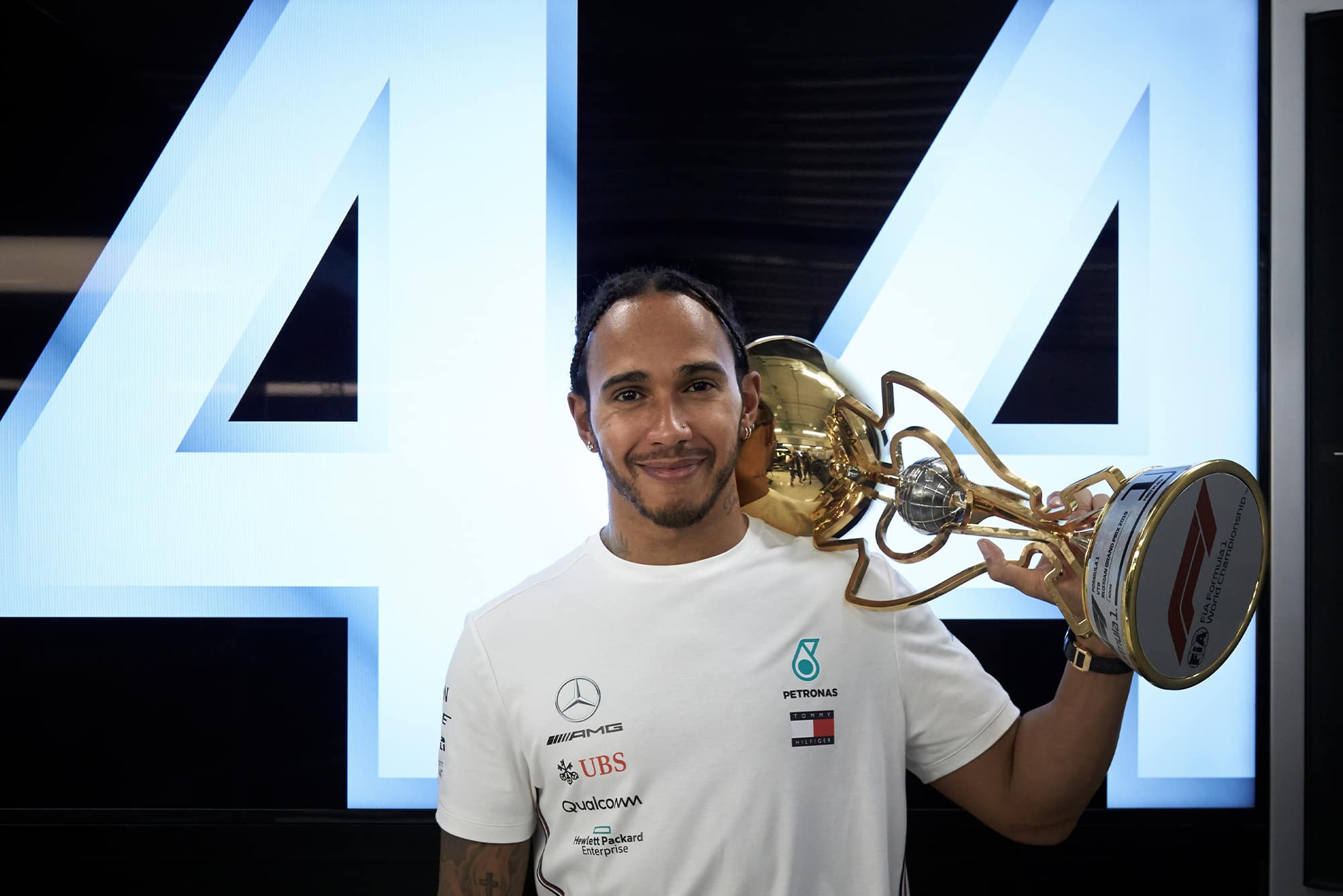 Lewis Hamilton with the winning trophy after the 2019 Russian Grand Prix