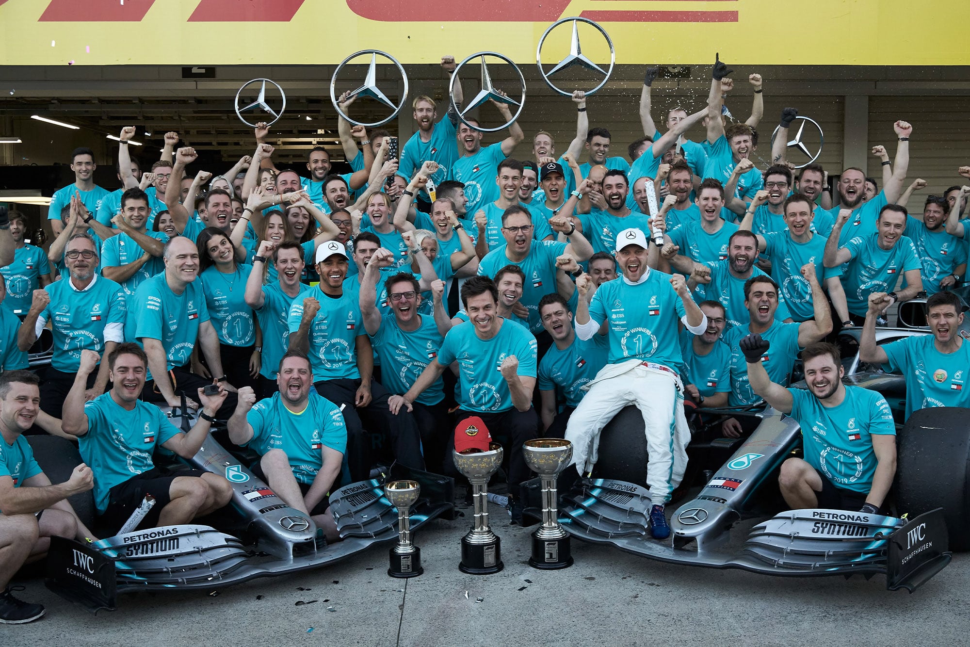 Mercedes celebrates winning its sixth constructors' championship title at the 2019 Japanese Grand Prix