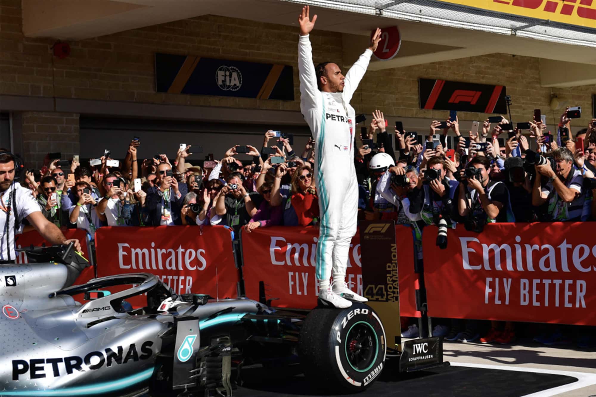 Lewis Hamilton celebrates winning his sixth world title at the 2019 United States Grand Prix
