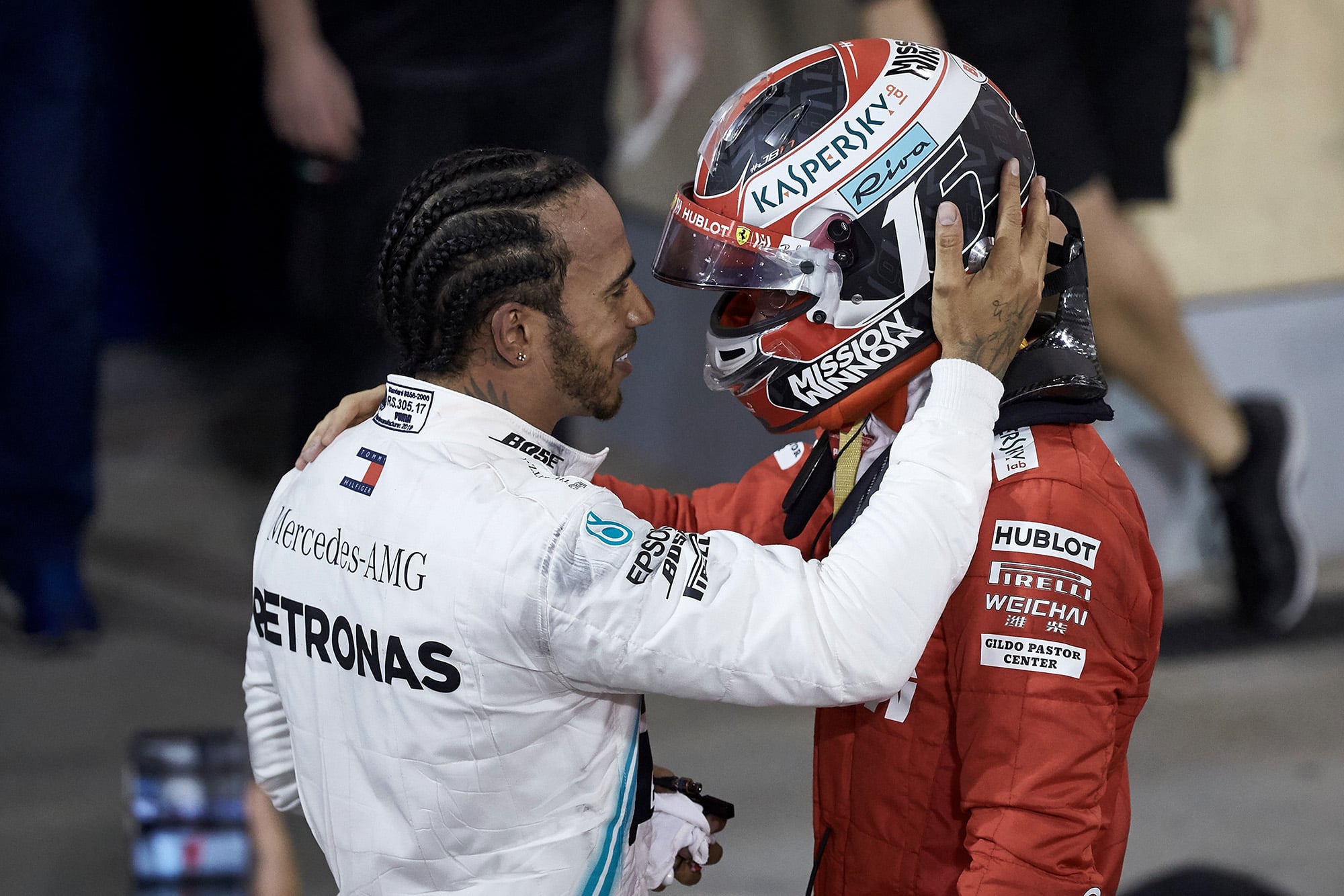 Lewis Hamilton consoles Charles Leclerc after the 2019 Bahrain Grand Prix