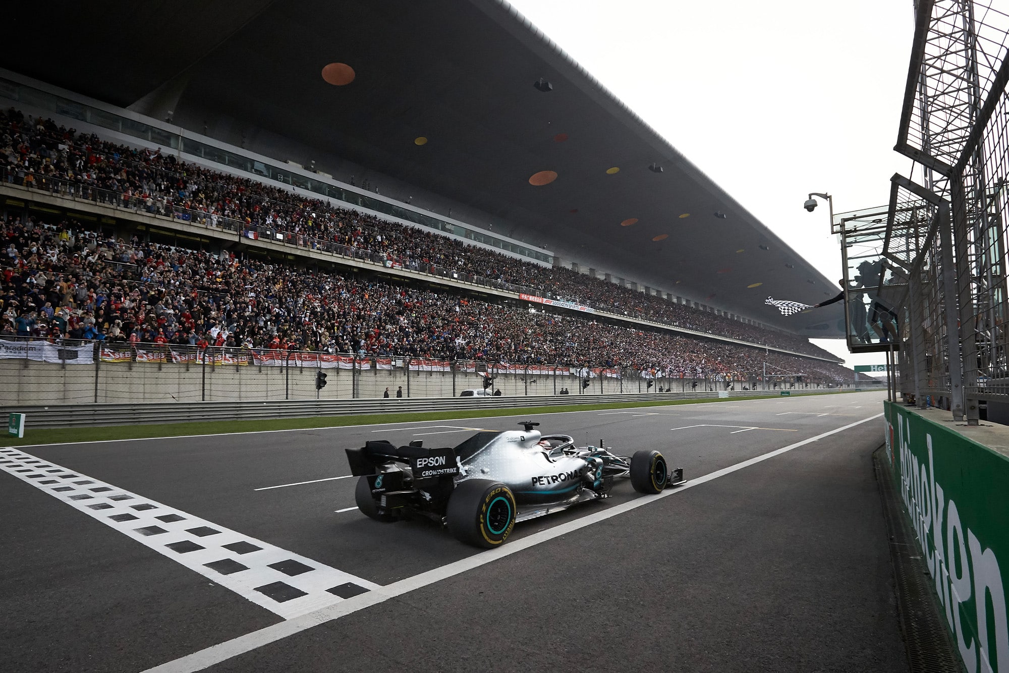 Lewis Hamilton crosses the line to win the 2019 Chinese Grand Prix
