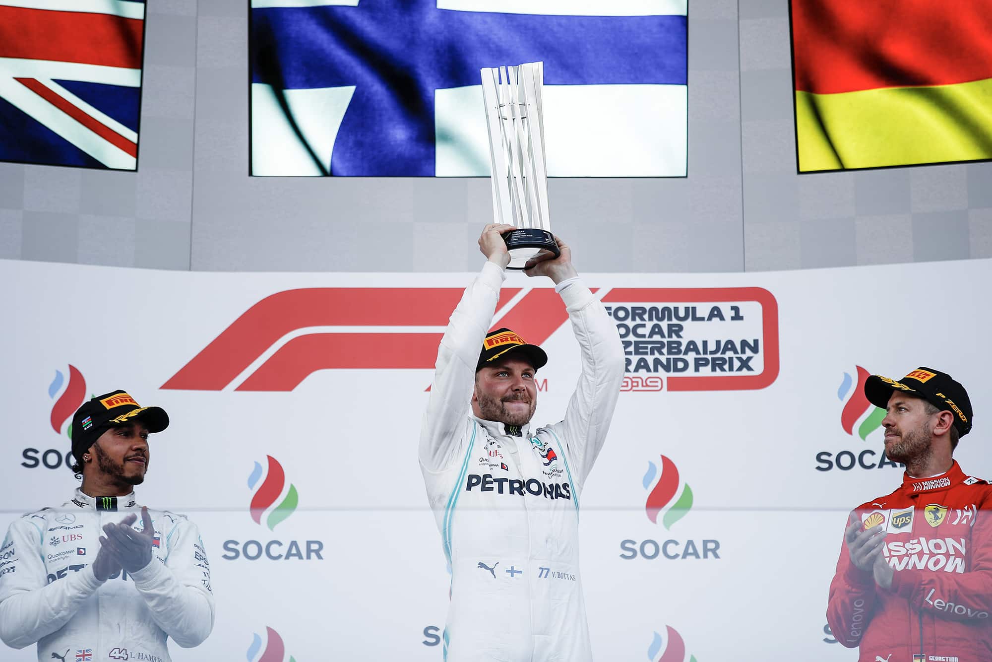 Valtteri Bottas on the top step after winning the 2019 Azerbaijan Grand Prix