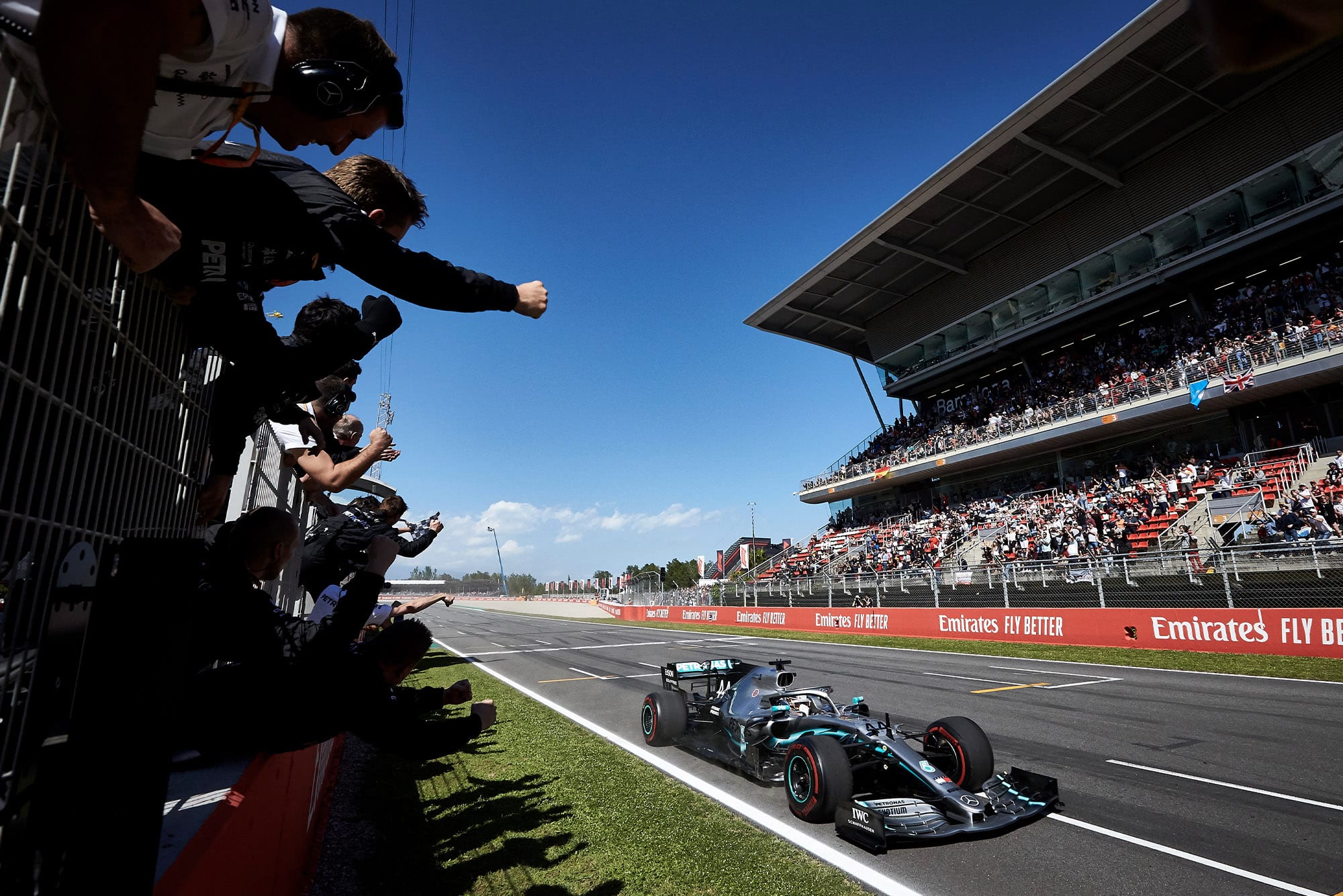 Lewis Hamilton crossing the line to win the 2019 Spanish Grand Prix
