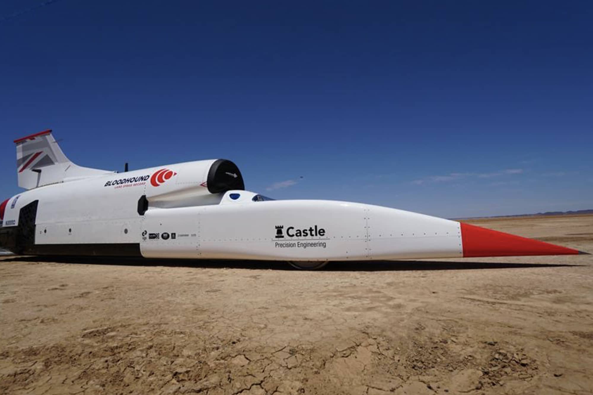 Side view of the Bloodhound Land Speed Record car ahead of speed trials in the South African desert in 2019