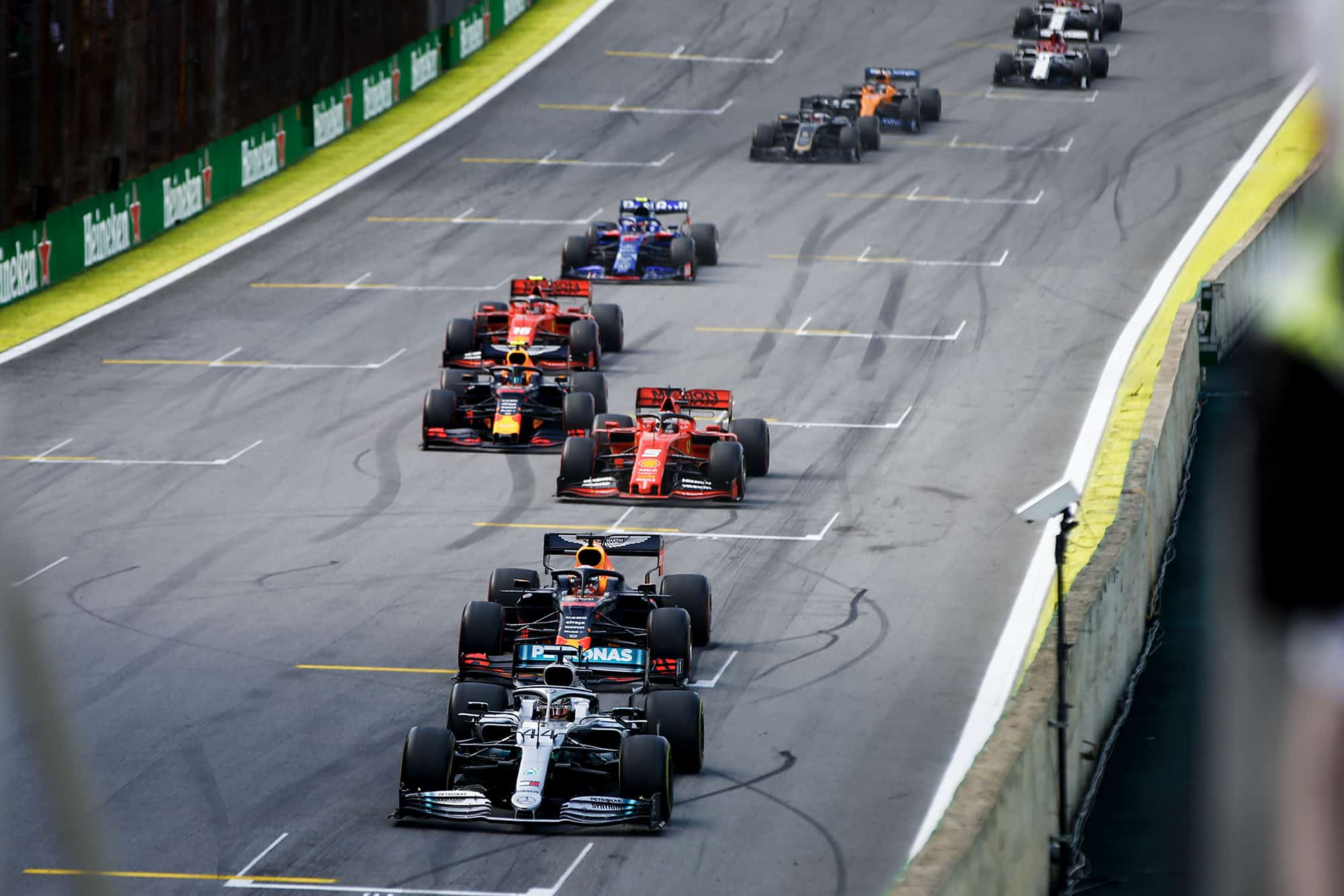 Hamilton ahead during the first restart after the safety car at the 2019 Brazilian Grand Prix