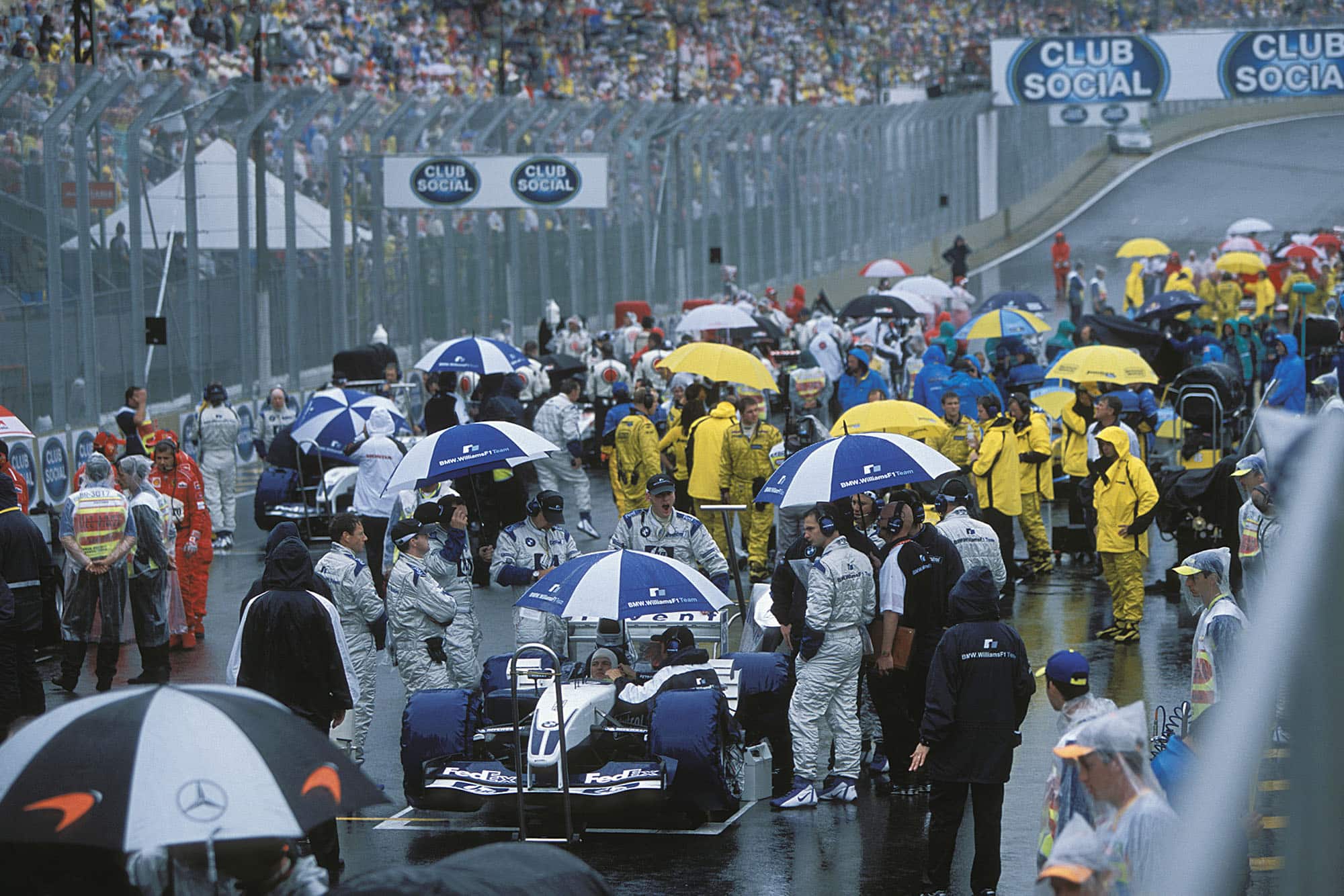 Umbrellas on the grid ahead of the start of the 2003 Brazilian Grand Prix
