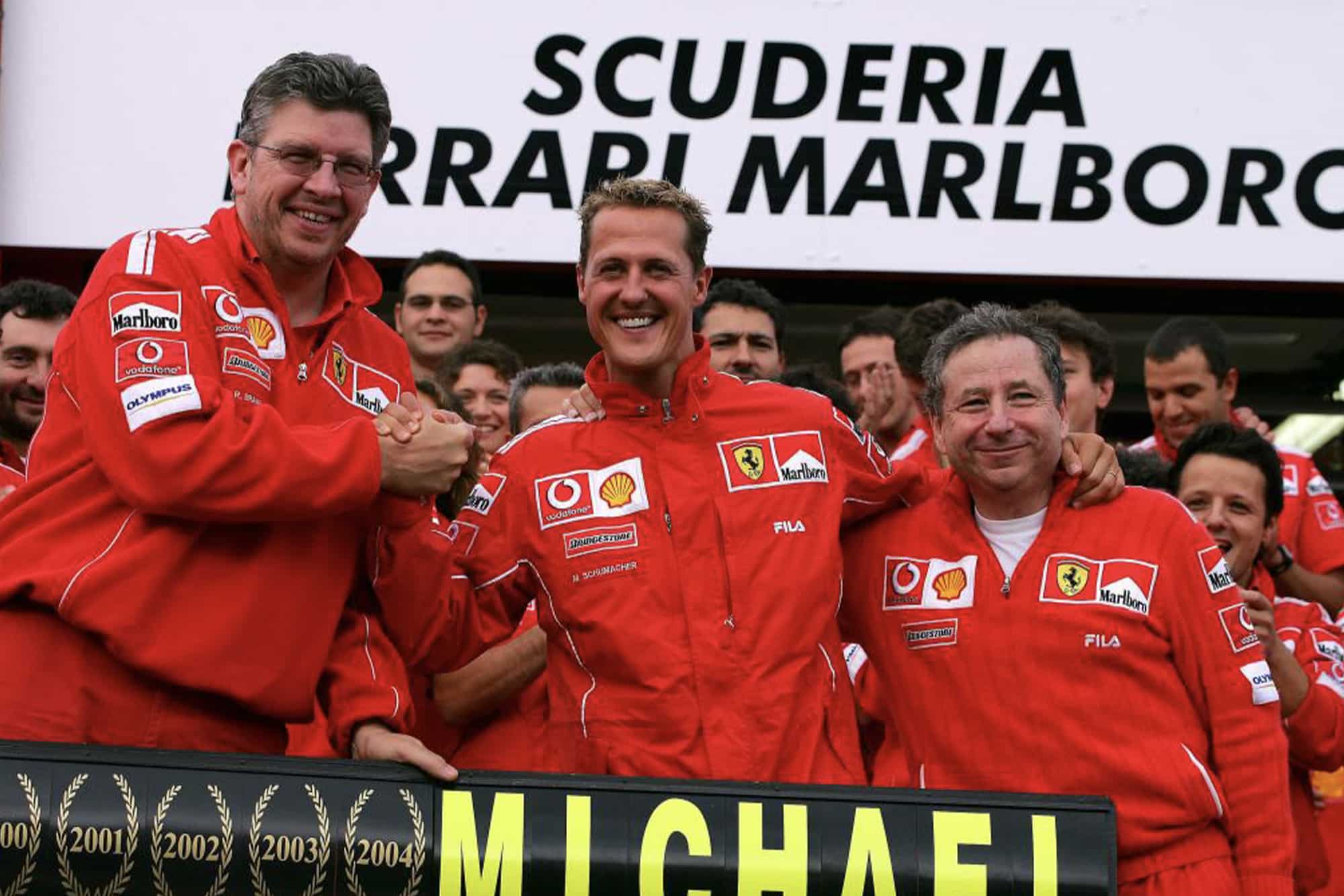 Ross Brawn, Michael Schumacher and Jean Todt at the 2004 Belgian Grand Prix