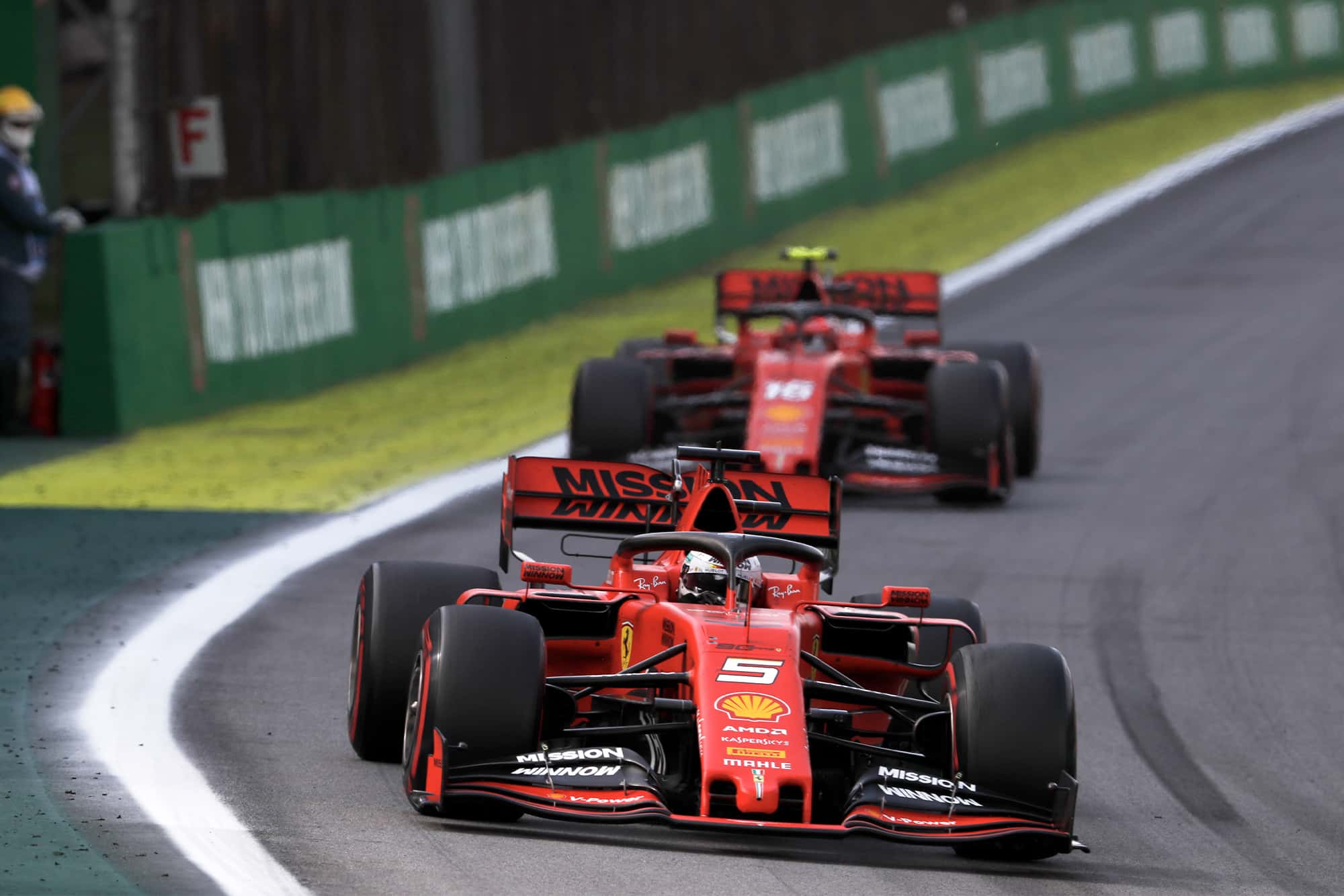 Sebastian Vettel is shadowed by Charles Leclerc during the 2019 Brazilian Grand Prix