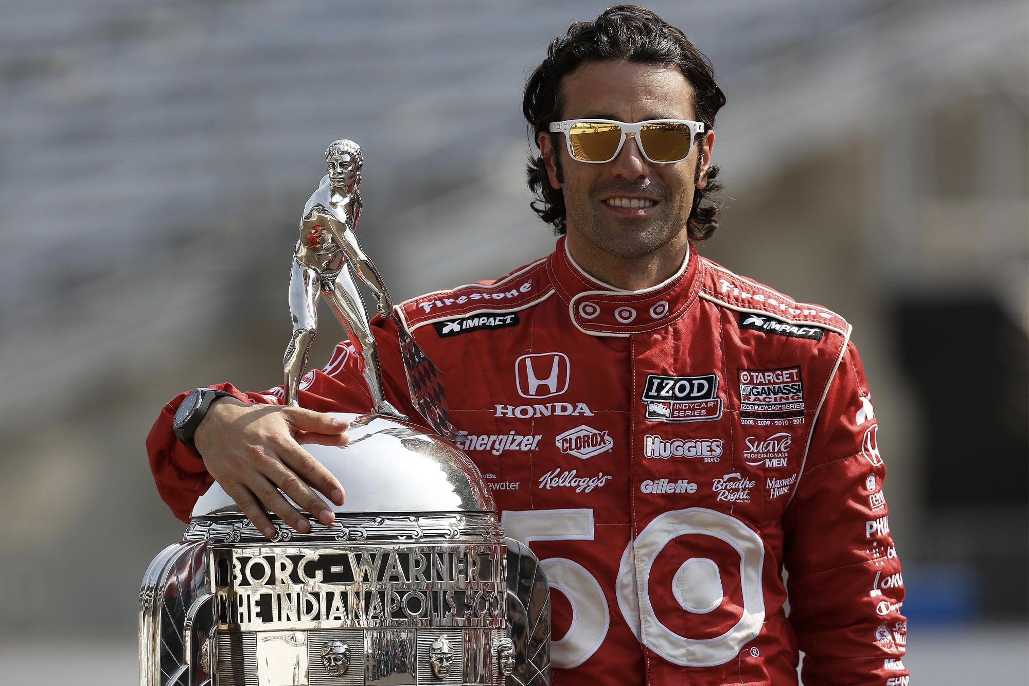 Dario Franchitti with the Borg Warner Trophy after winning the 2012 Indy 500