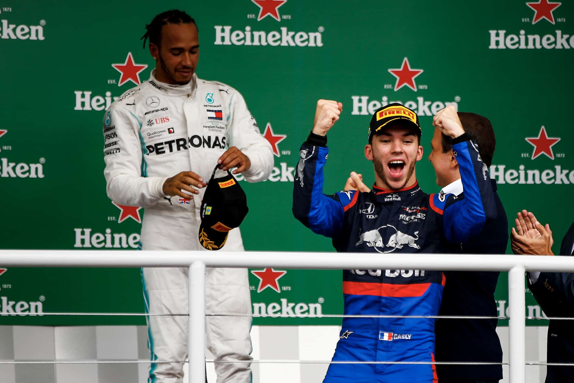 Pierre Gasly on the podium at the 2019 F1 Brazilian Grand Prix