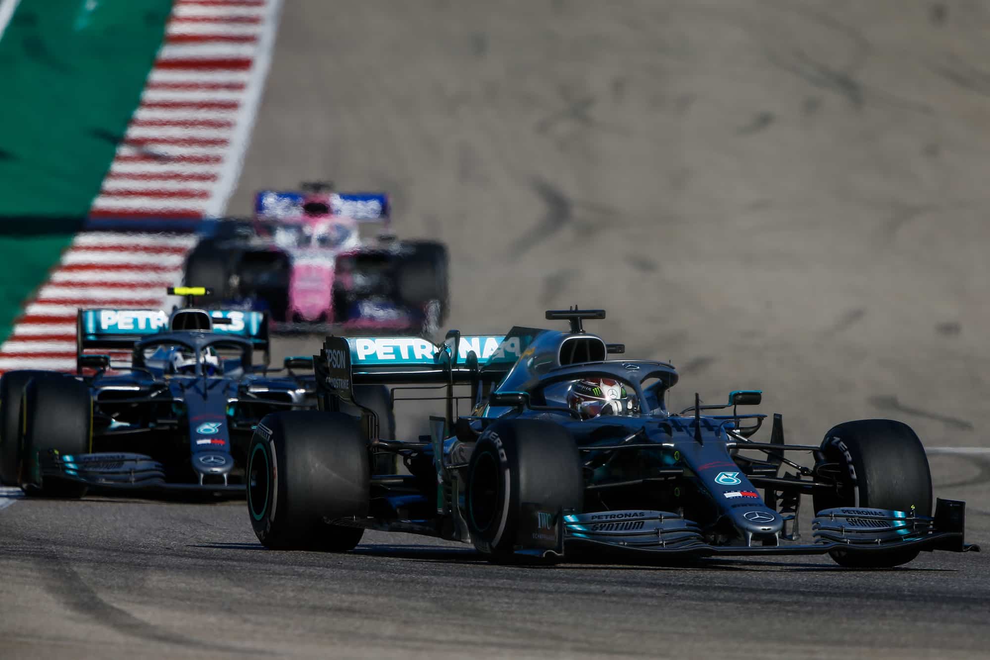 Valtteri Bottas follows closely behind Lewis Hamilton during the 2019 US Grand Prix
