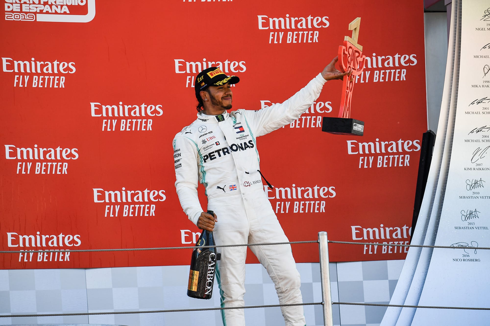 Lewis Hamilton celebrates victory on the podium after the 2019 Spanish Grand prix