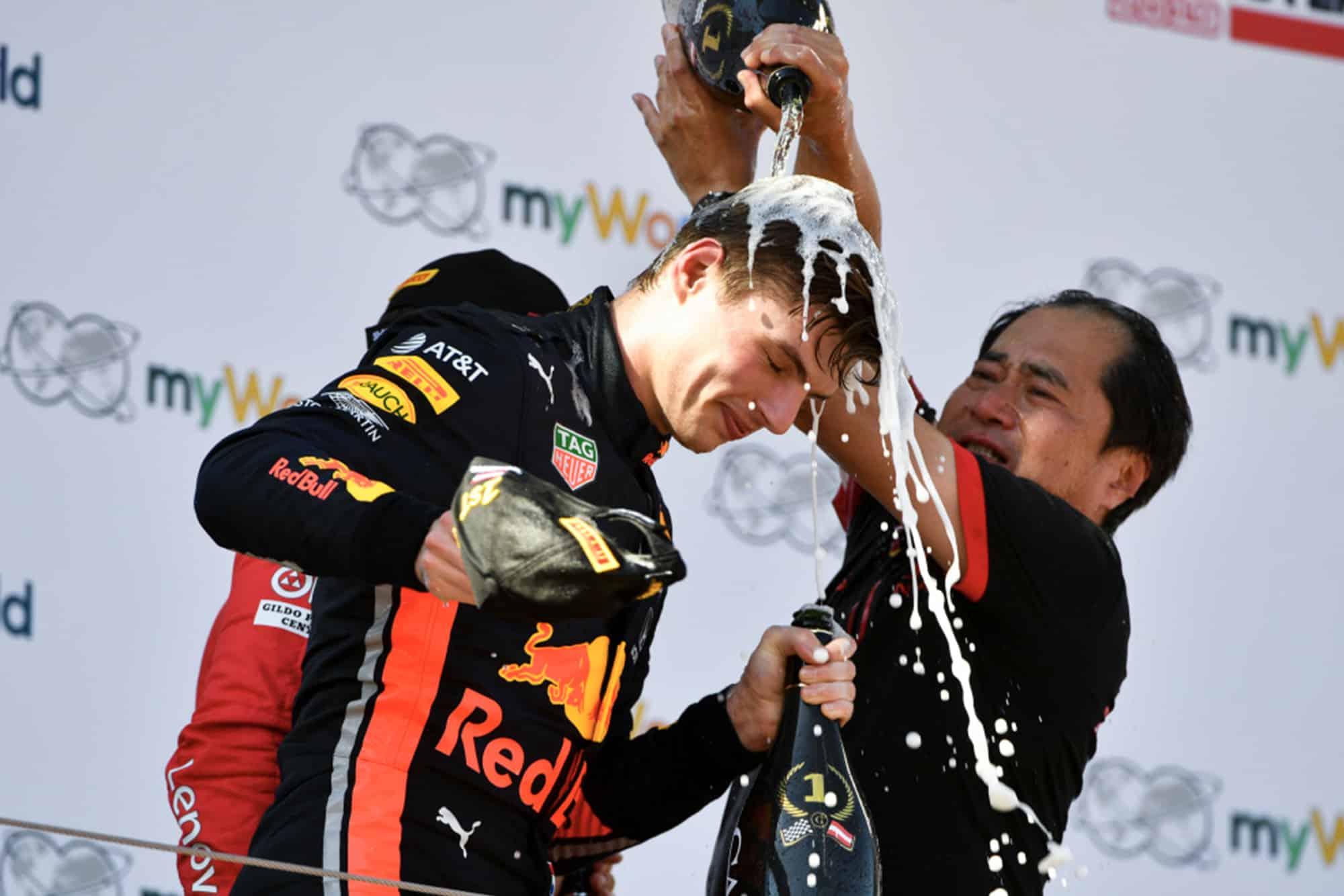 Max Verstappen and Toyoharu Tanabe celebrates his win at the 2019 Austrian Grand Prix