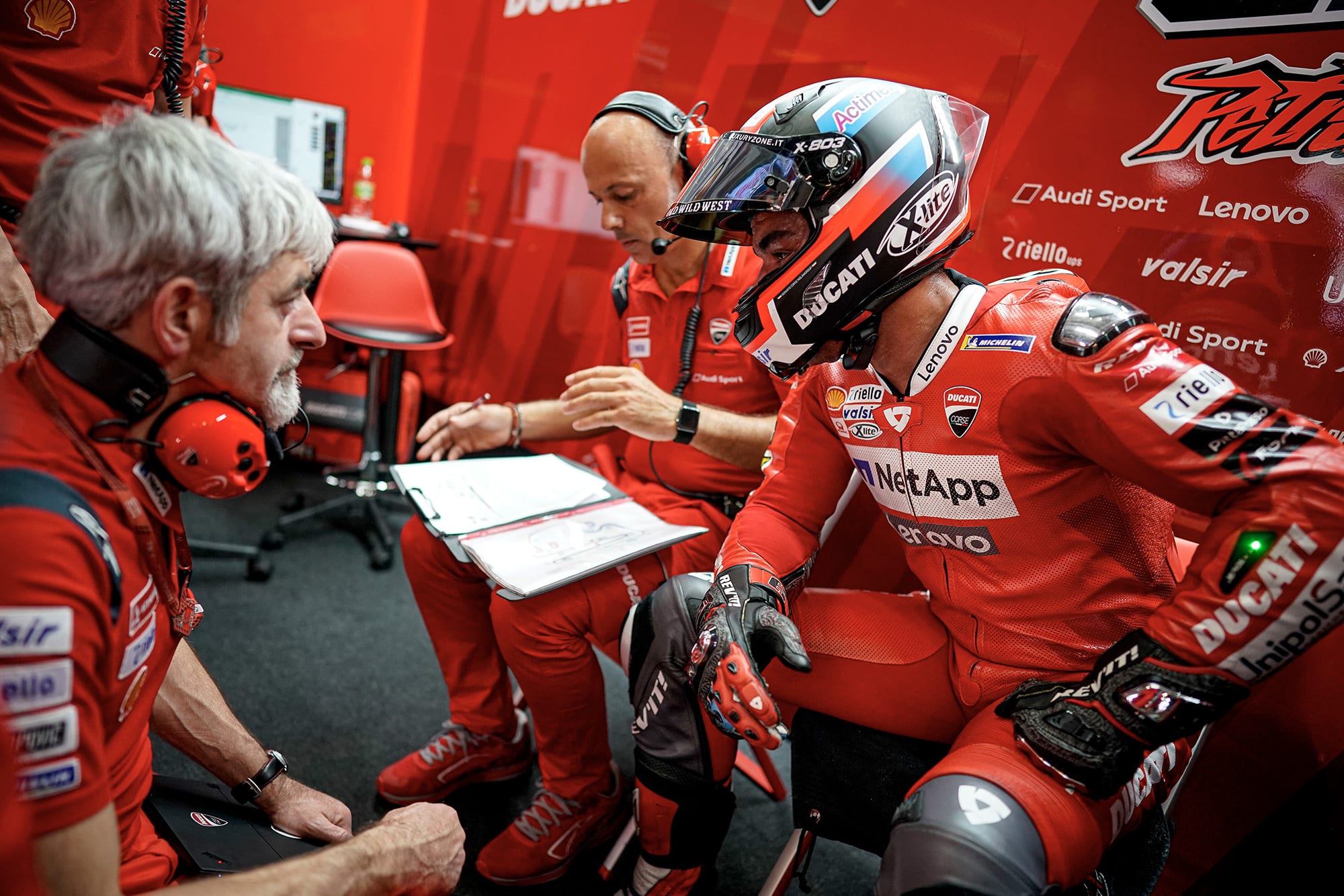 Petrucci in the Ducati garage with Dall'Igna