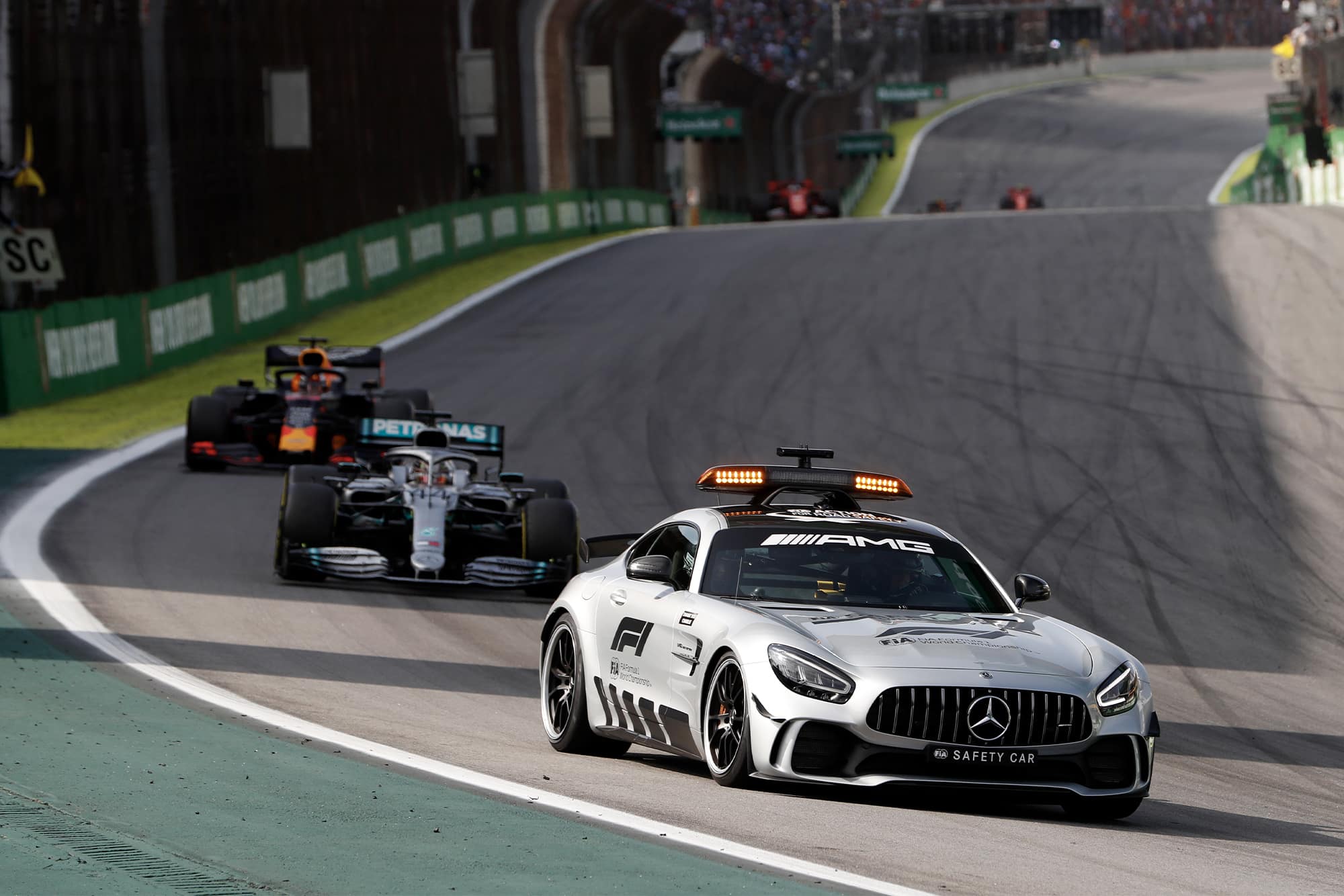 The Safety Car leads Lewis Hamilton and Max Verstappen during the 2019 Brazilian Grand Prix