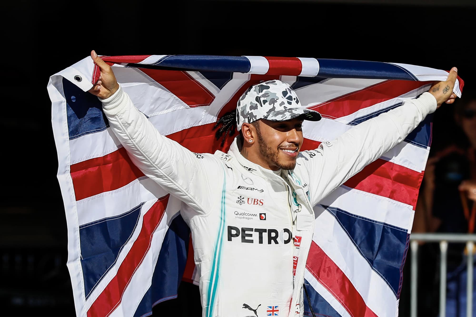 Lewis Hamilton celebrates winning his sixth drivers' championship title