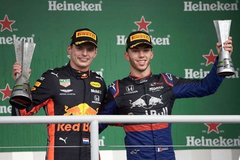 Max Verstappen and Pierre Gasly on the podium at the 2019 Brazilian Grand Prix