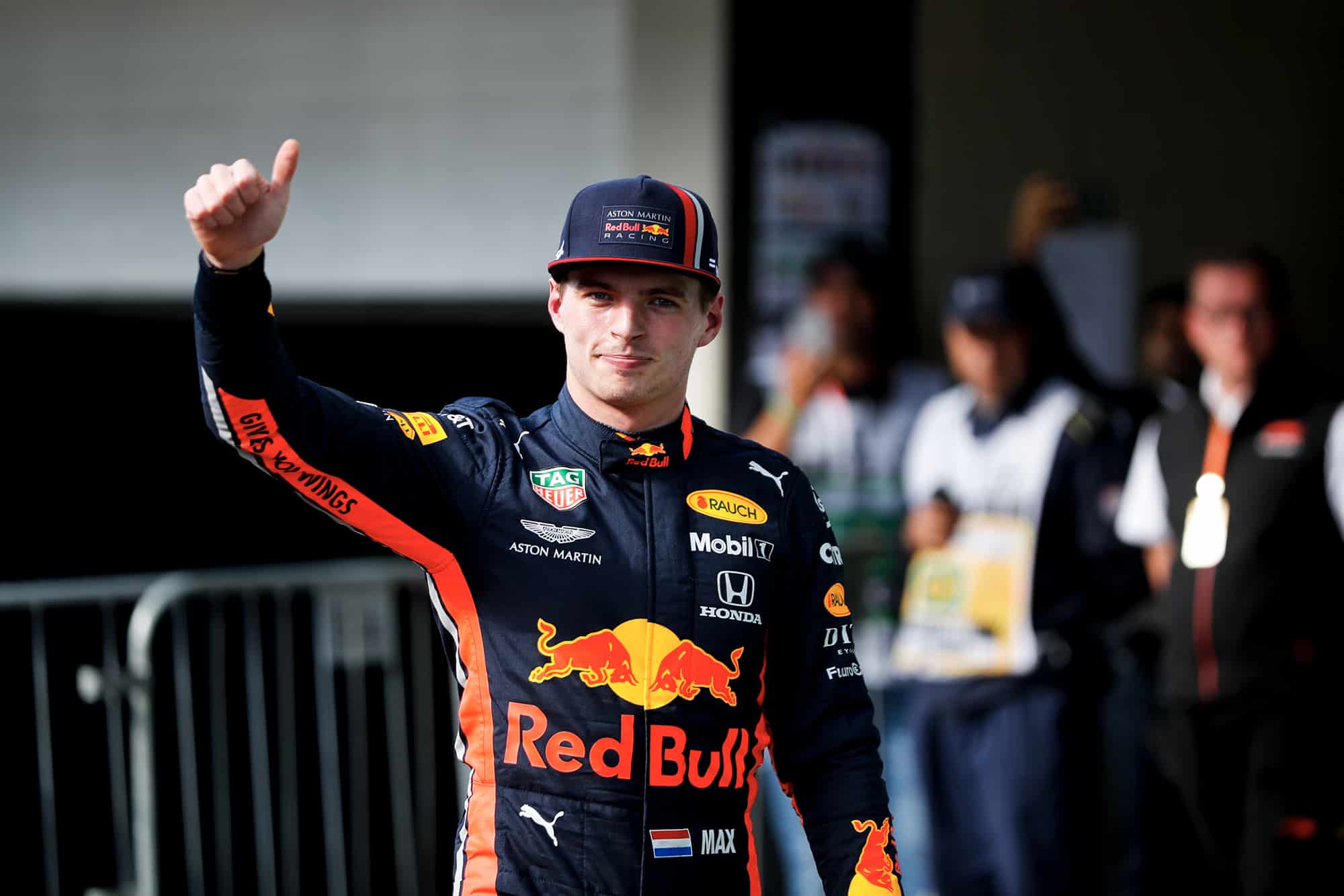 Max Verstappen gives a thumbs up after clinching pole position at the 2019 F1 Brazilian Grand prix
