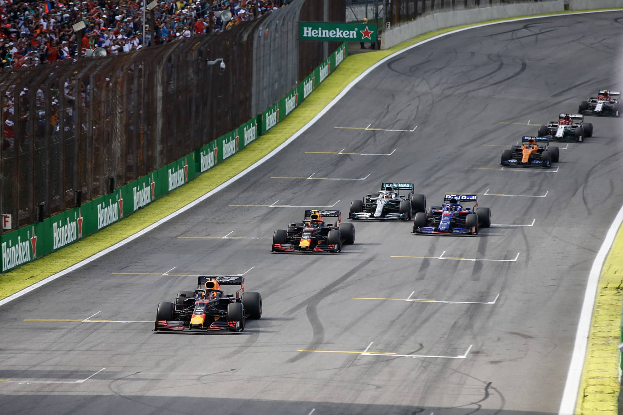 Max Verstappen leads at the final restart during the 2019 Brazilian Grand Prix