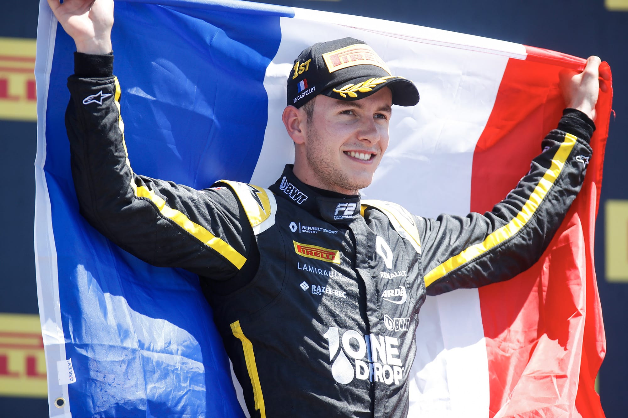Anthoine Hubert celebrates winning at Paul Ricard in the 2019 Formula 2 season