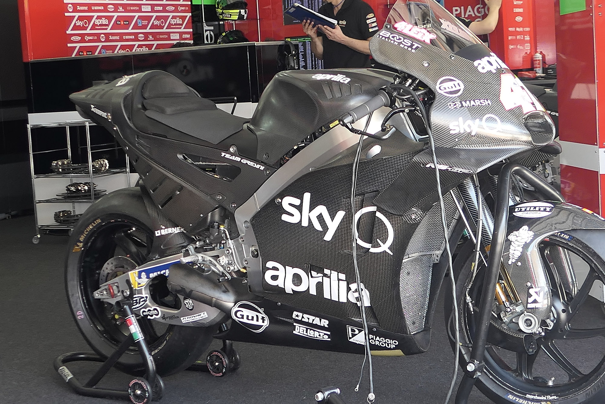 Aprilia RS-GP in the pits at Sepang during MotoGP testing in February 2019
