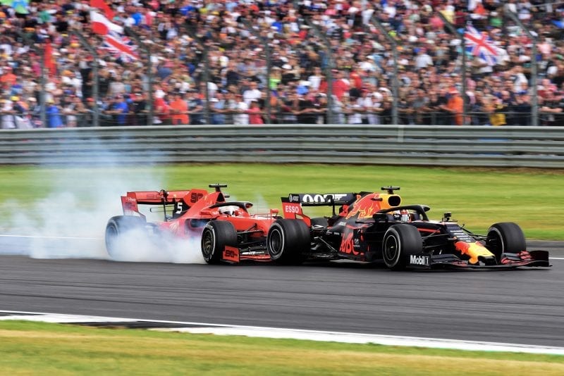 Sebastian Vettel crashes into the back of Max Verstappen during the 2019 British Grand Prix
