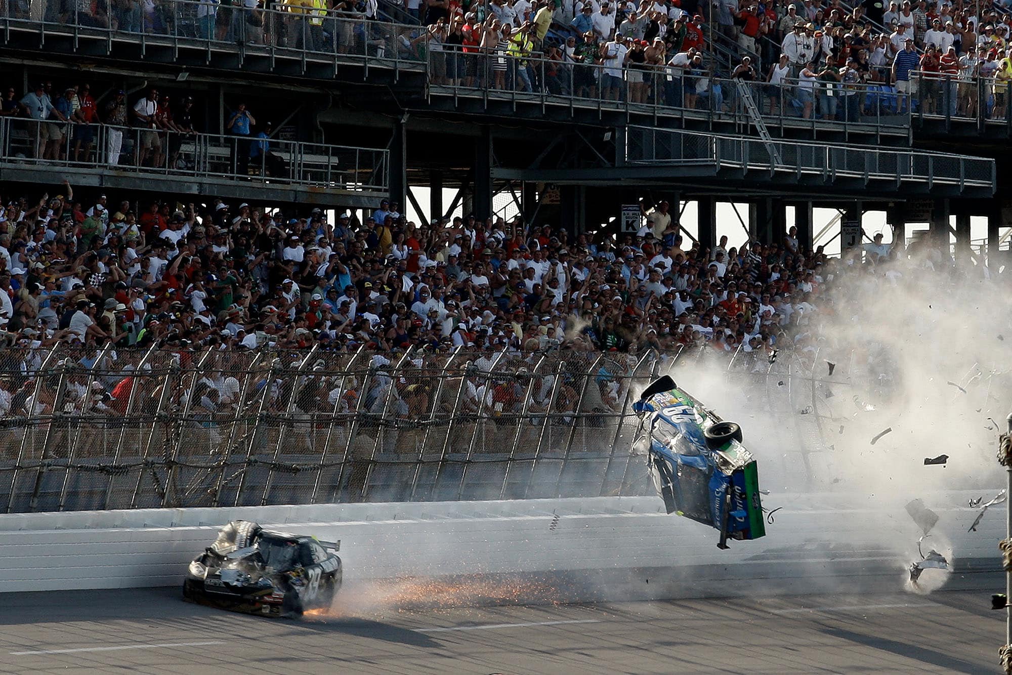 Carl Edwards is launched into the air after contact with Brad Keselowski at Talladega in 2009