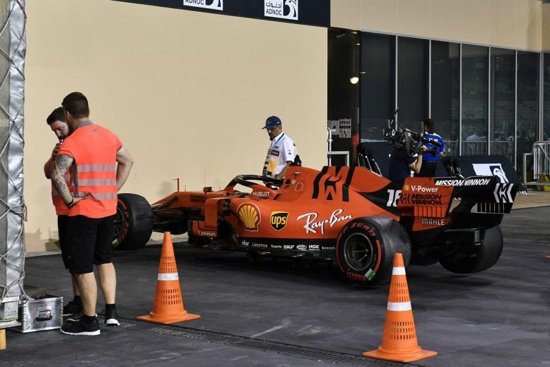 Charles Leclerc’s ferrari is isolated after the 2019 Abu Dhabi Grand Prix as it is investigated over fuel irregularities