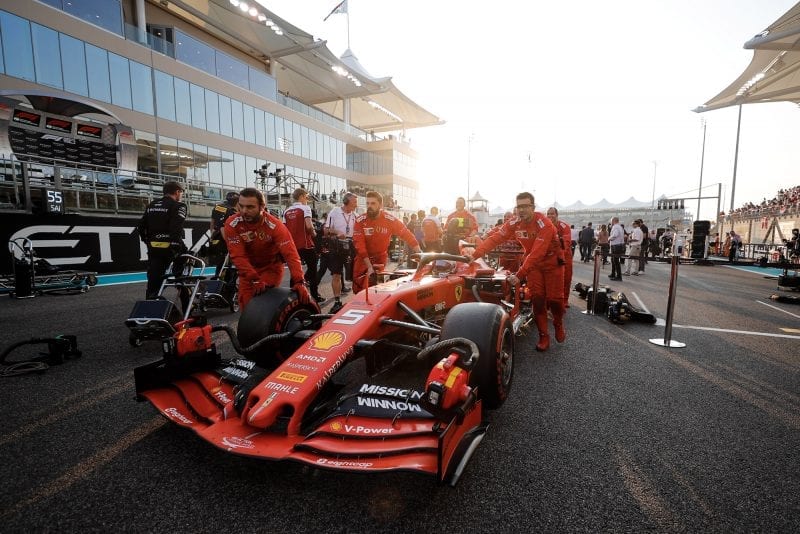 Charles Leclerc's car is pushed to the grid ahead of the 2019 Abu Dhabi Grand Prix